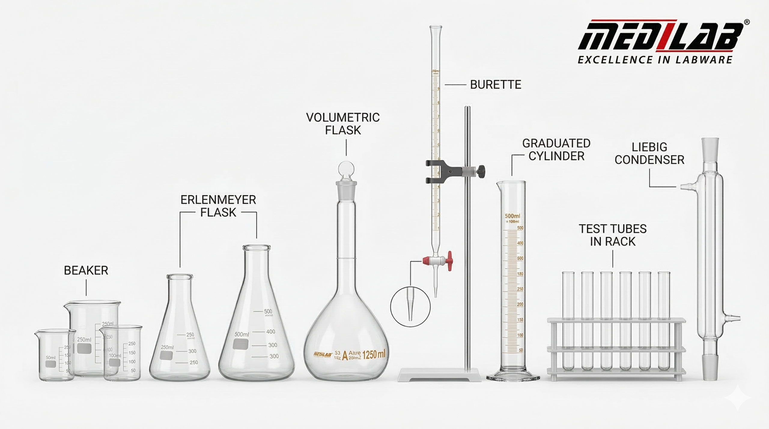 7 Major Types of Laboratory Glassware All 7 major types of laboratory glassware displayed and labeled - beakers, flasks, burettes, cylinders, pipettes, condensers and test tubes