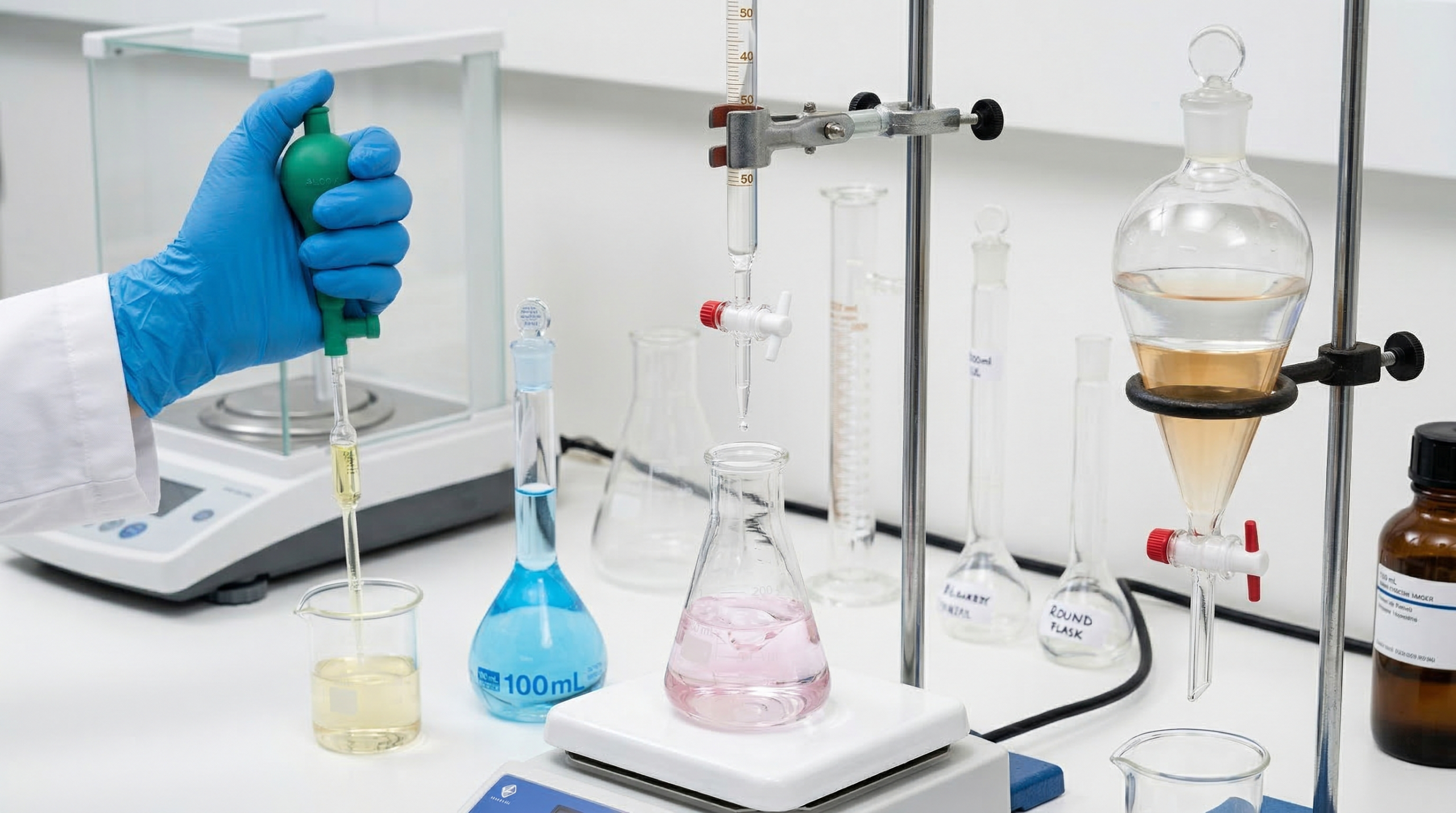 Common Laboratory Glassware Uses - Analytical and Research Applications Common laboratory glassware in use - volumetric flasks, burettes, pipettes and separating funnels in an analytical laboratory setting