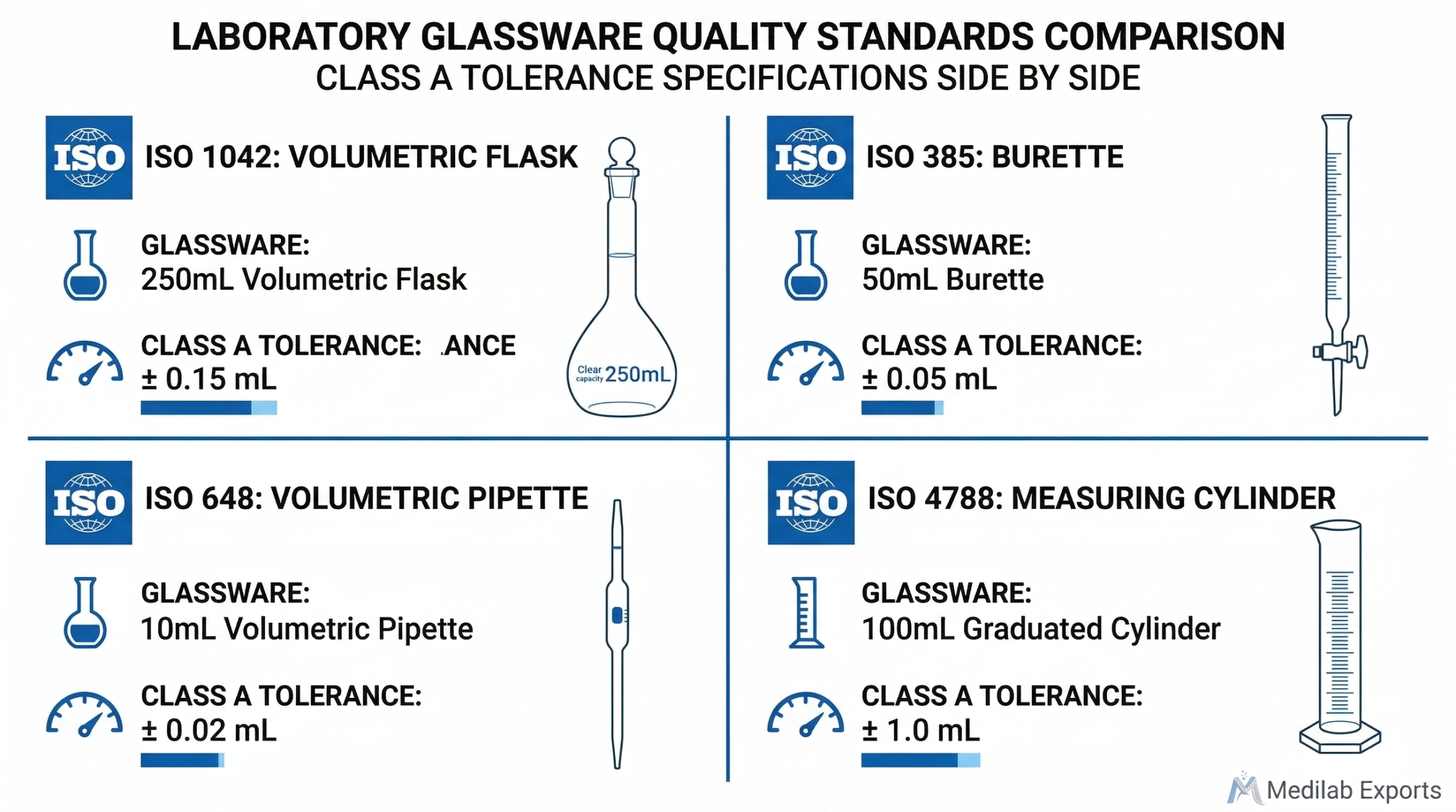 Laboratory glassware quality standards comparison showing ISO 1042, ISO 385, ISO 648, and ISO 4788 specifications side by side