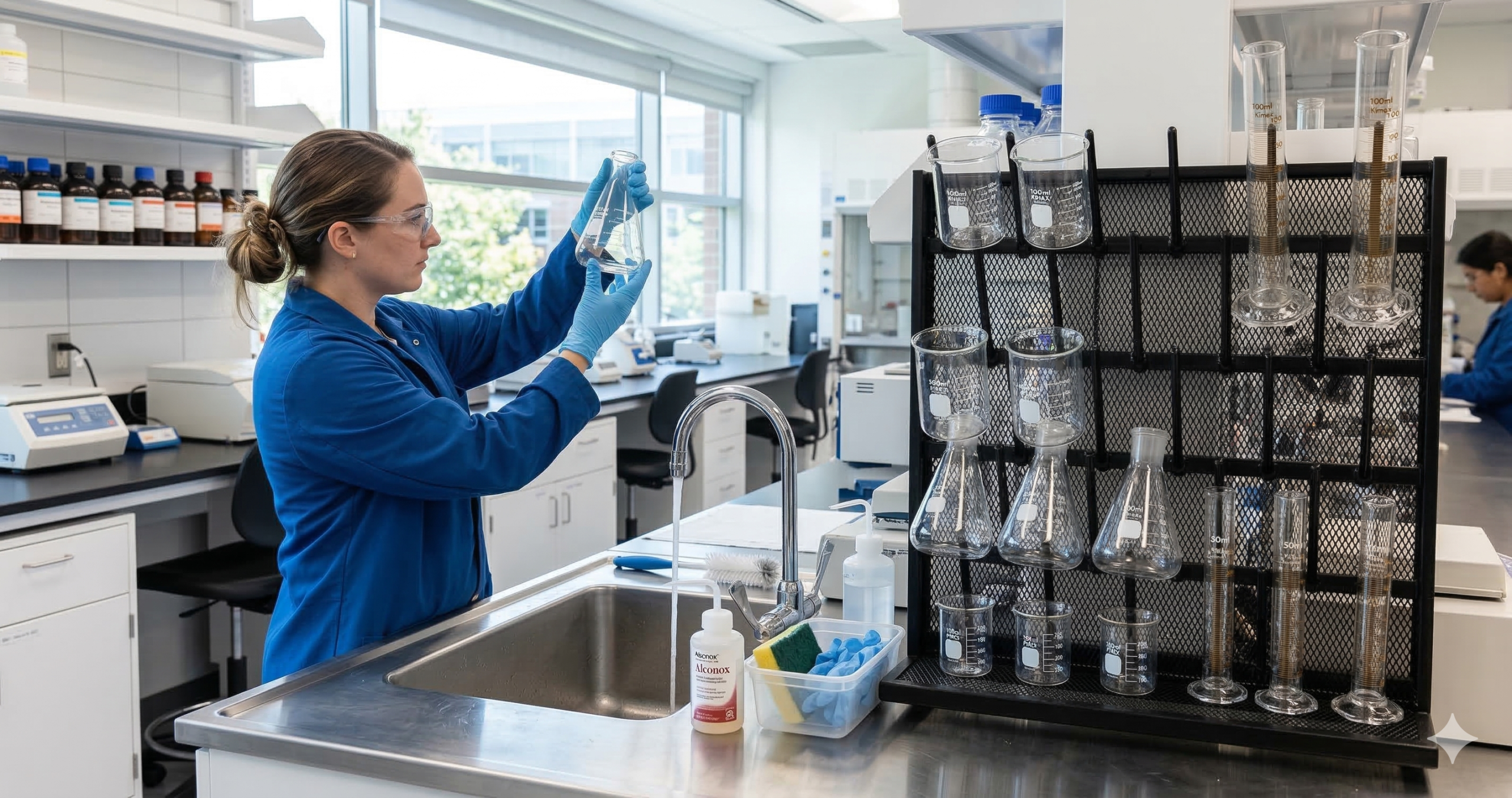 10 Essential Laboratory Glassware Maintenance Tips Laboratory Glassware Maintenance - Professional cleaning and care of scientific flasks and beakers in a modern lab station