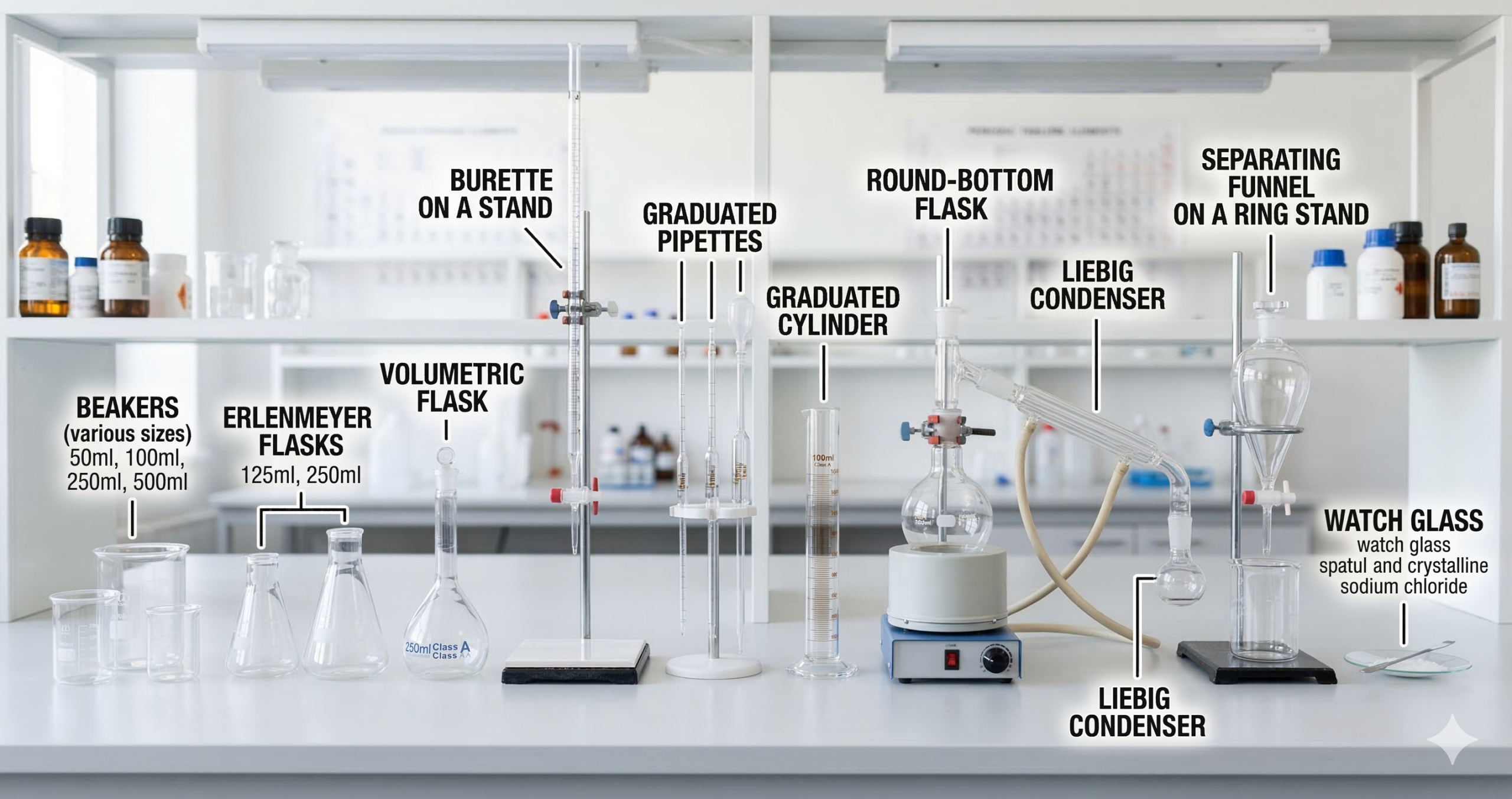The Complete Guide to Essential Chemistry Lab Equipment An organized display of Essential Chemistry Lab Equipment including beakers, flasks, and burettes
