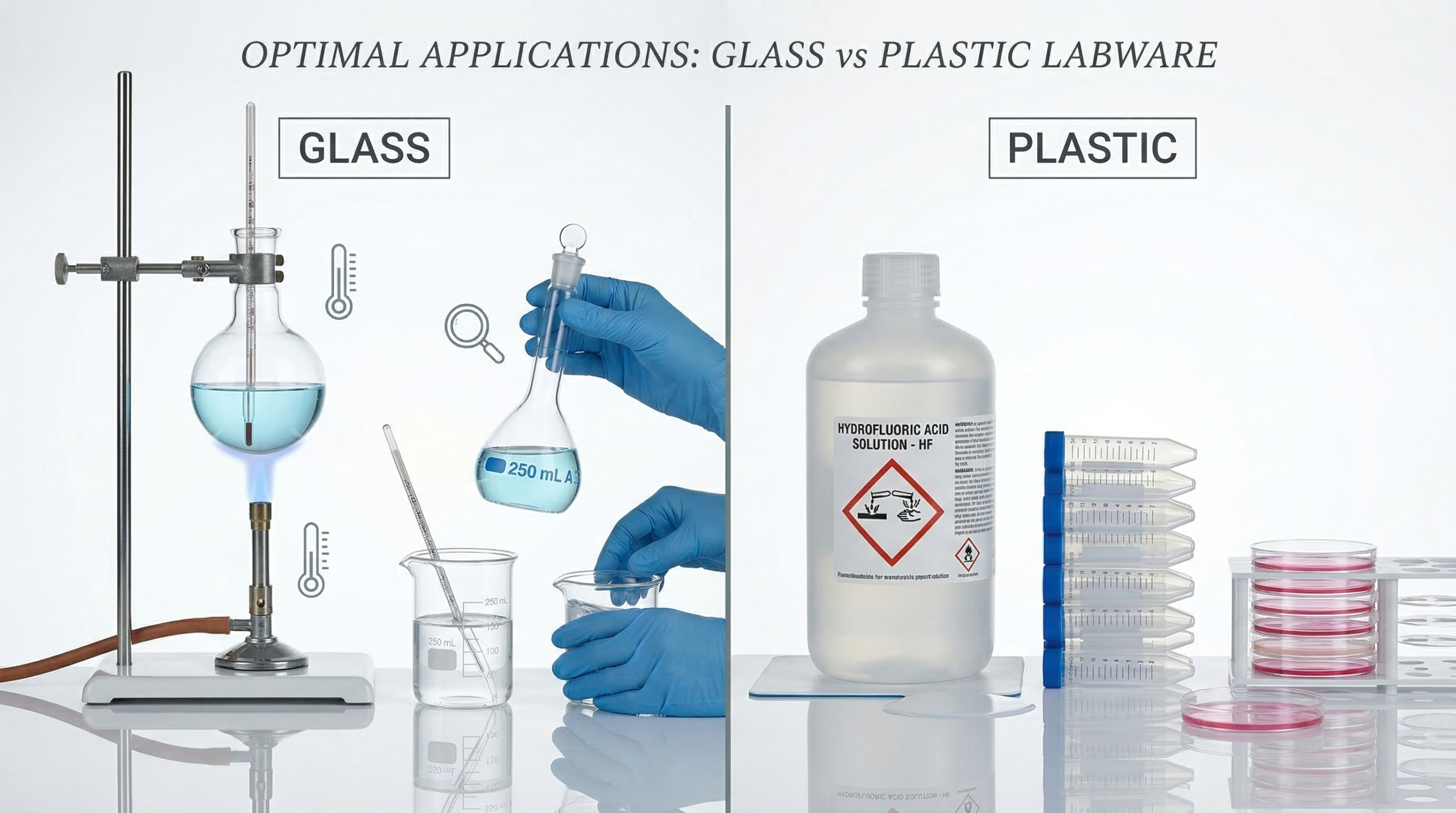 Glassware vs plasticware laboratory comparison - borosilicate glass volumetric flask and graduated cylinder versus polypropylene plastic containers