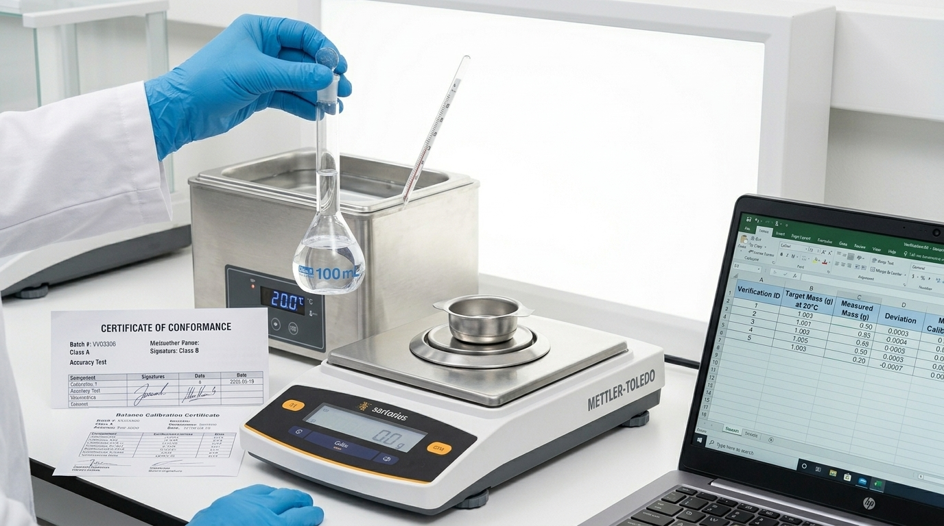 Laboratory glassware manufacturing quality control - gravimetric verification of Class A volumetric flask on precision analytical balance with calibration certificate