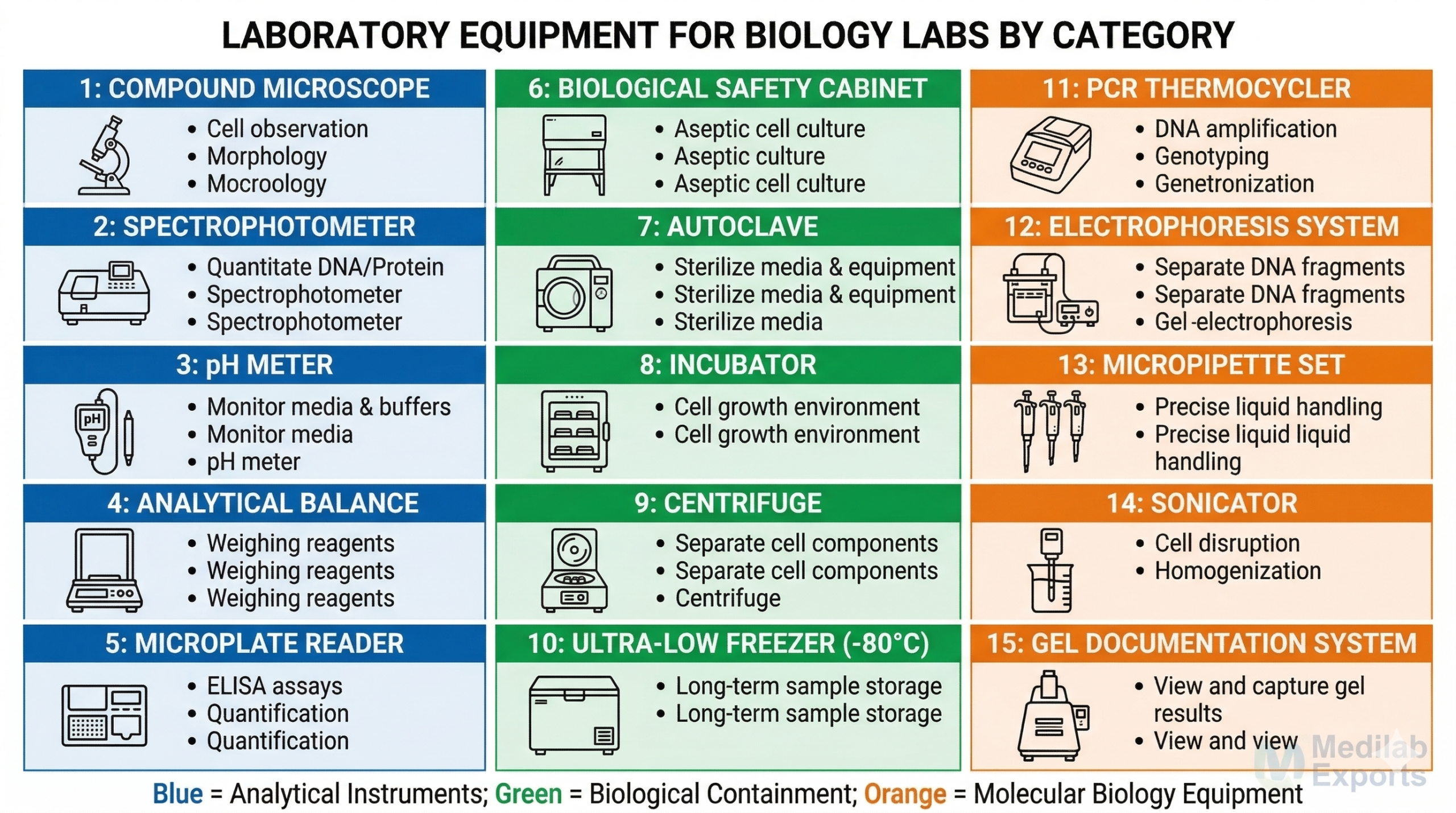 Laboratory equipment for biology labs organized by category - 15 essential tools including microscope, centrifuge, PCR, spectrophotometer and glassware