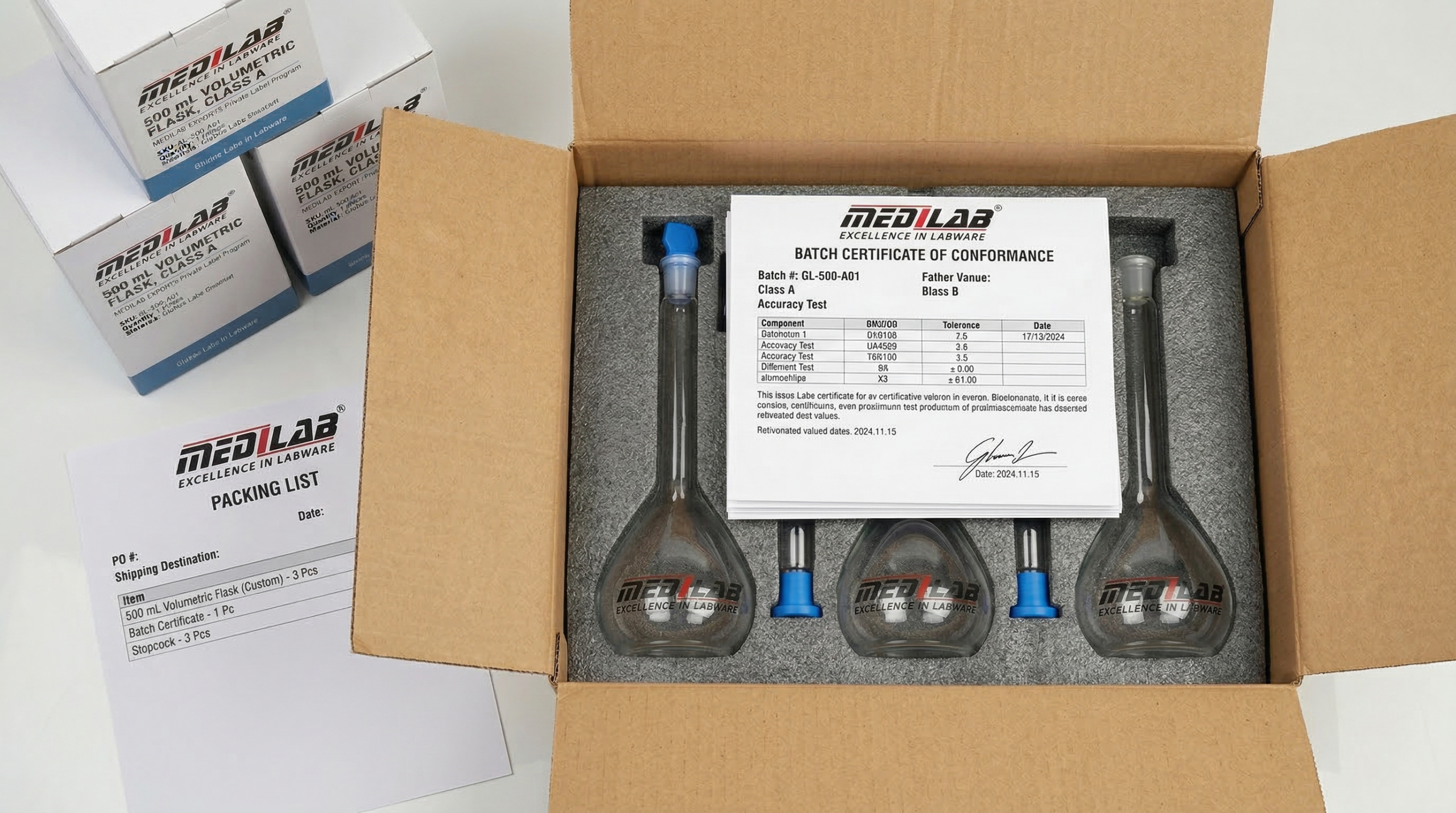 OEM laboratory glassware private label packaging - custom branded borosilicate glassware boxes and certificates for distributor brand launch