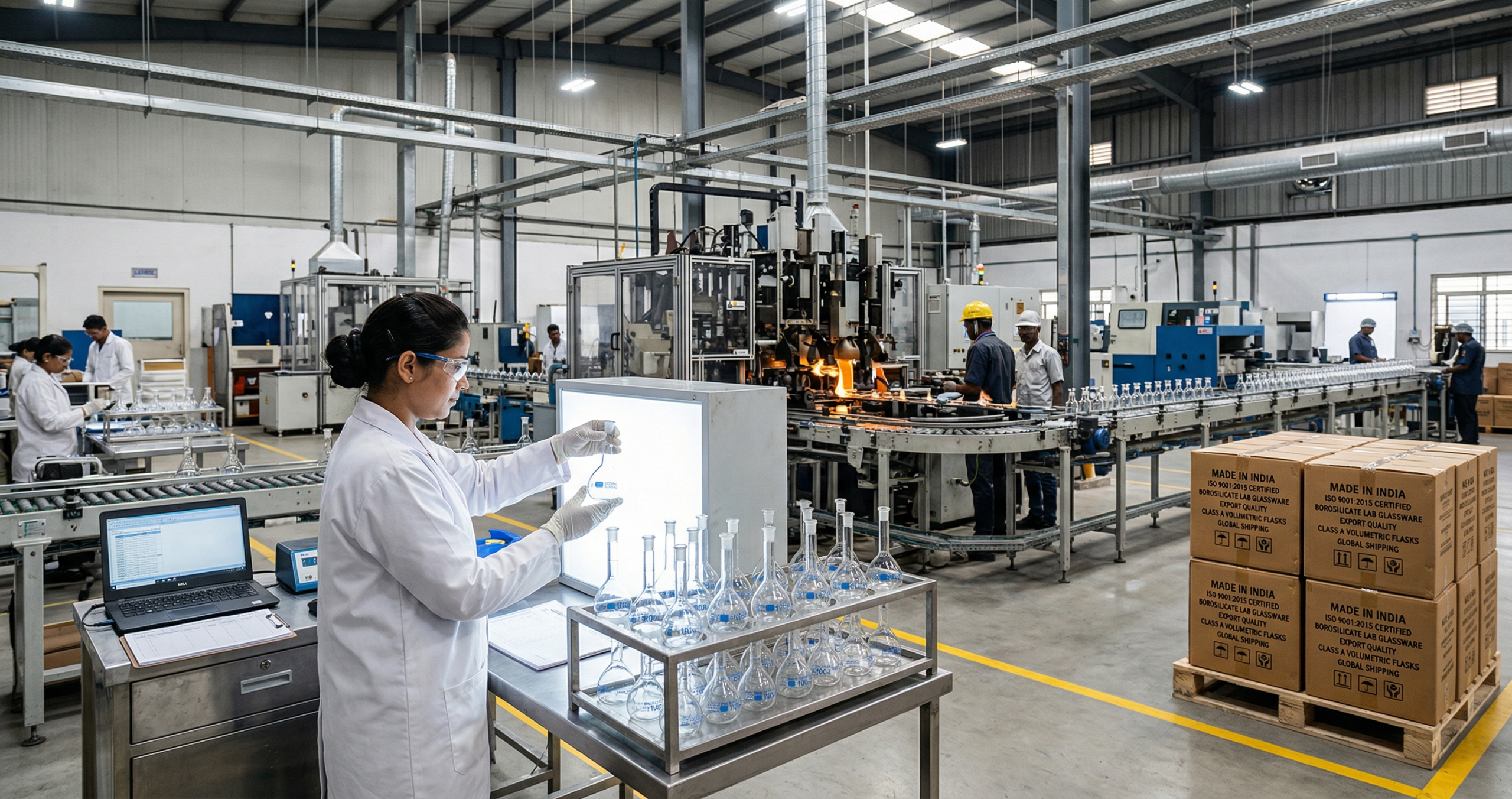 Indian lab equipment manufacturers - ISO-certified borosilicate laboratory glassware production facility with quality control and global export packaging