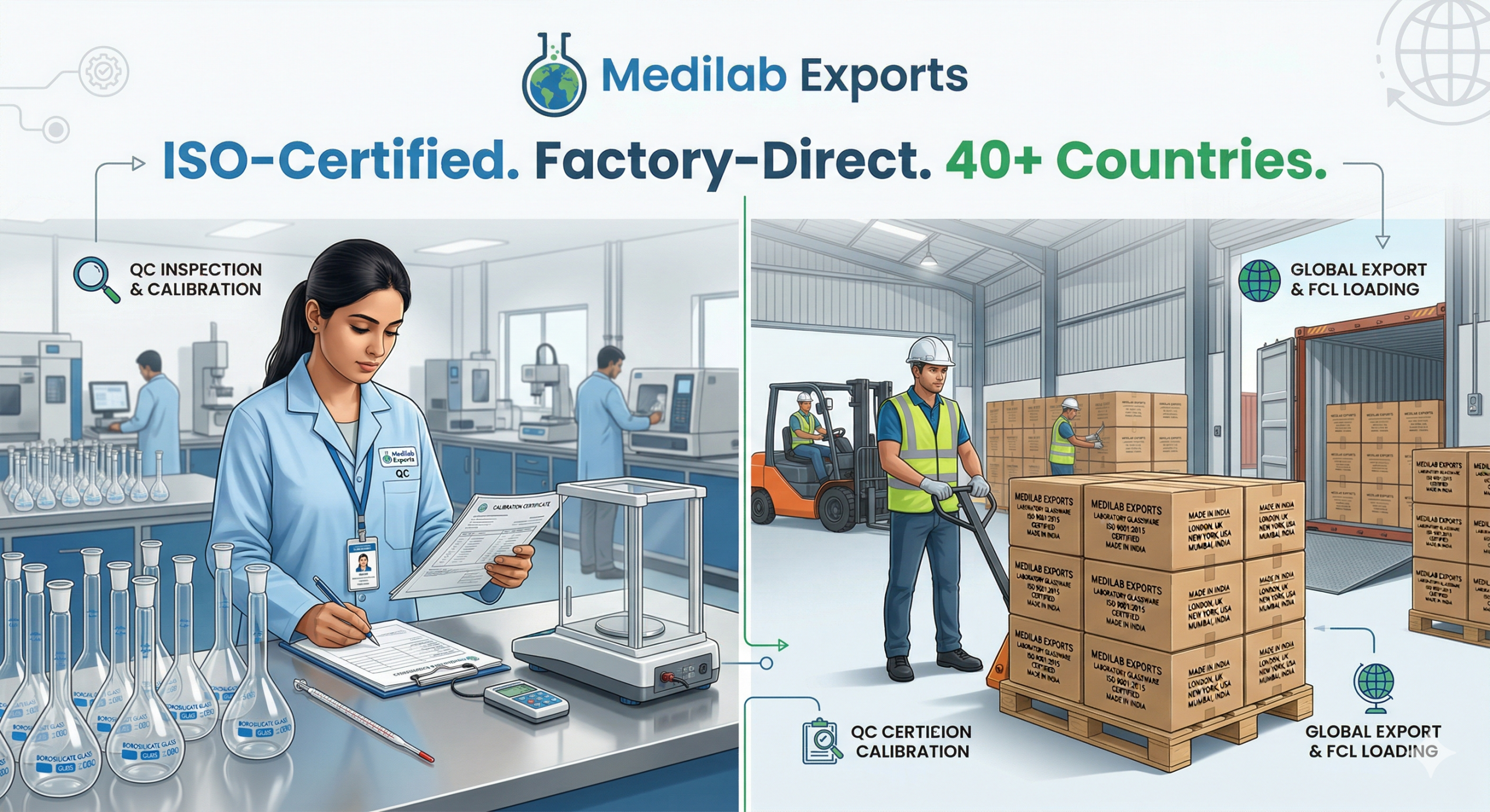 Indian Lab Equipment Manufacturers: ISO Quality Control and Export Operations Indian lab equipment manufacturers quality control process - ISO-certified borosilicate glassware inspection, calibration testing and export packaging at Indian manufacturing facility