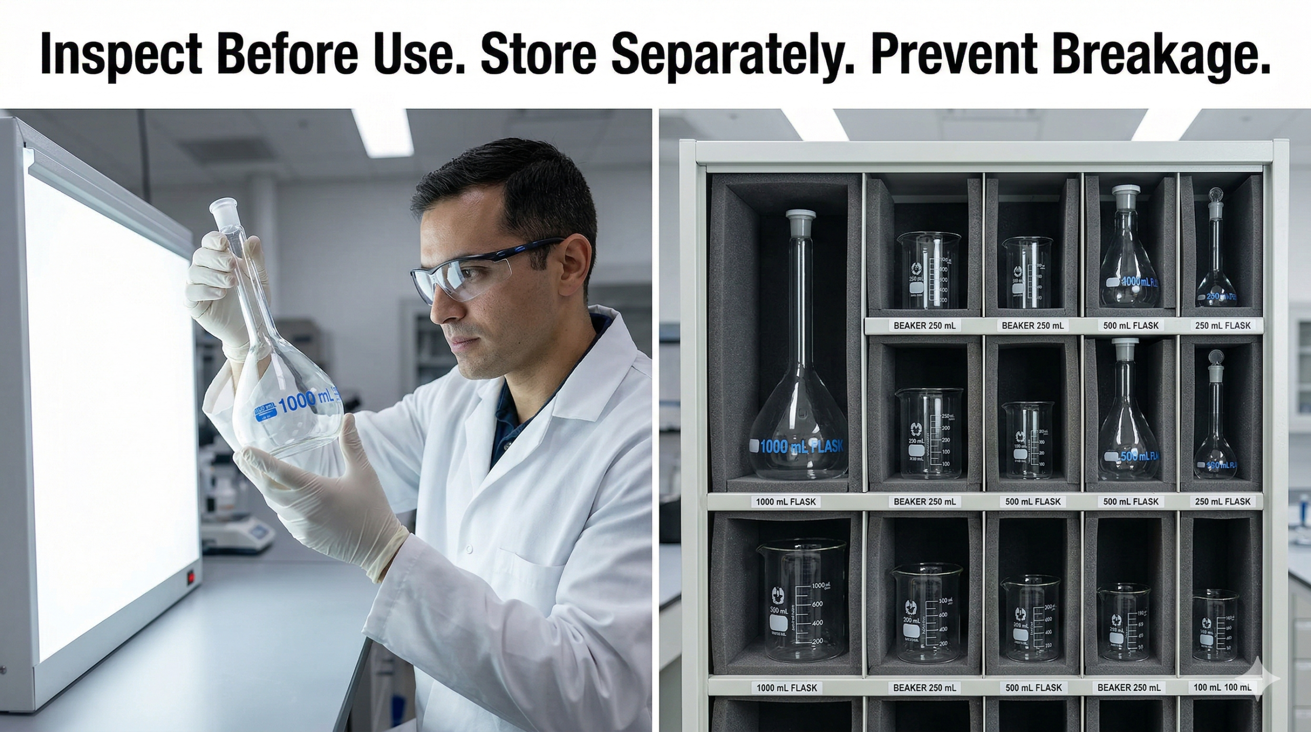 Laboratory glassware breakage prevention - proper inspection of borosilicate glassware for cracks and chips before use, and correct storage in dedicated glass racks