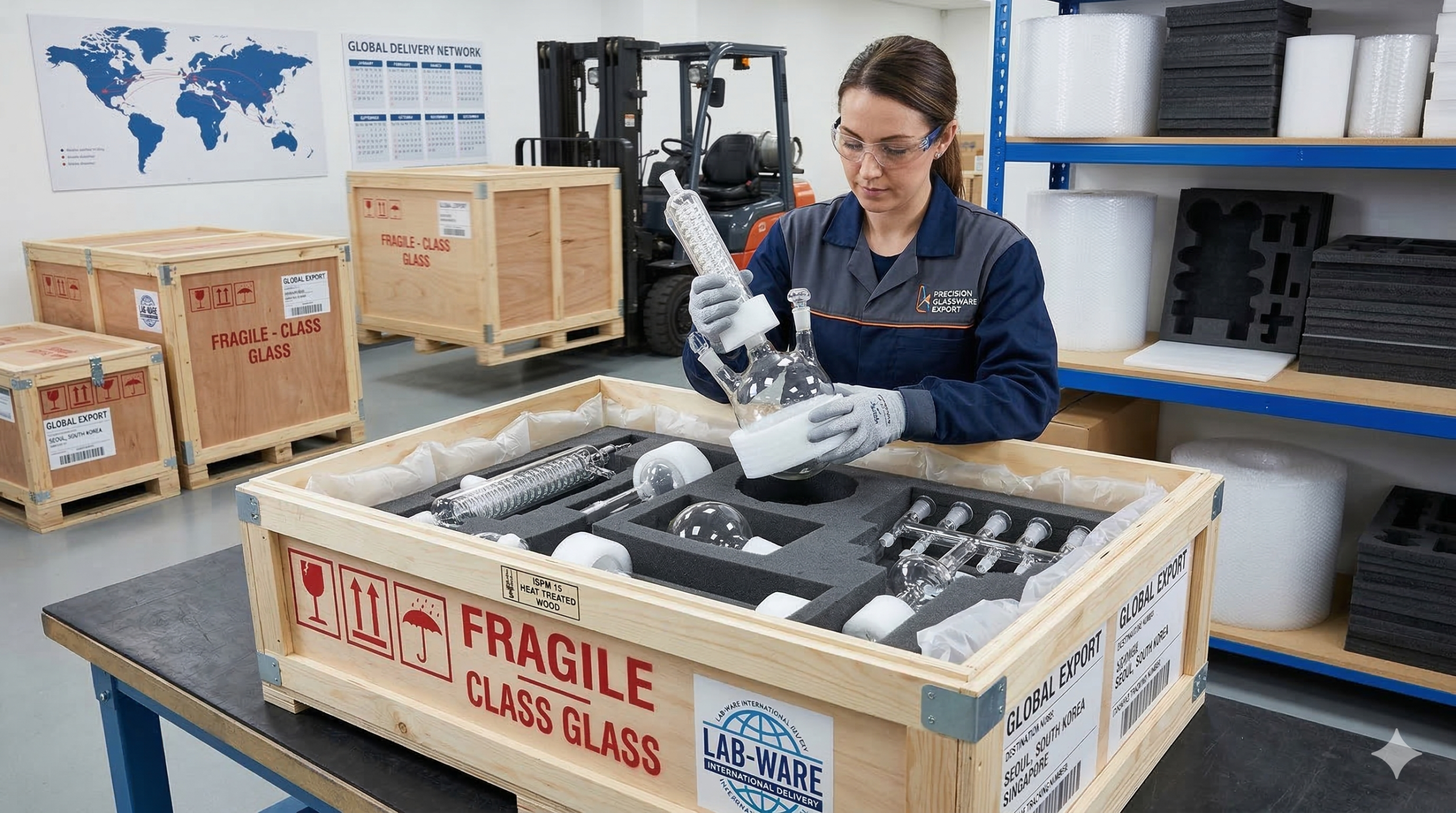 Precise labware secure packaging and crating for global export