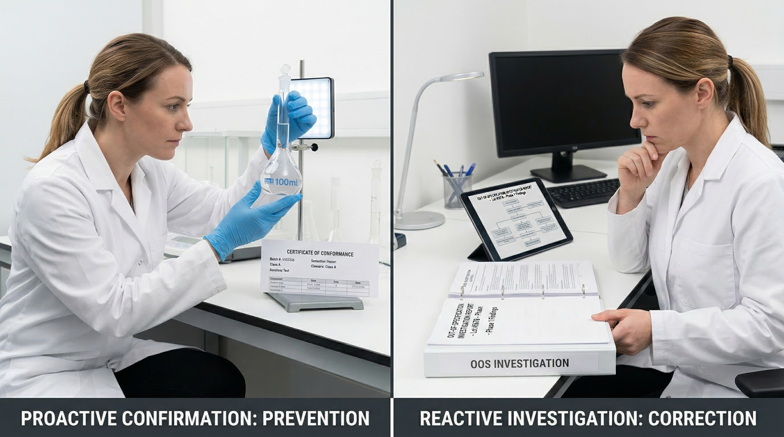 Precision scientific glassware quality control - gravimetric verification of Class A volumetric flask on analytical balance
