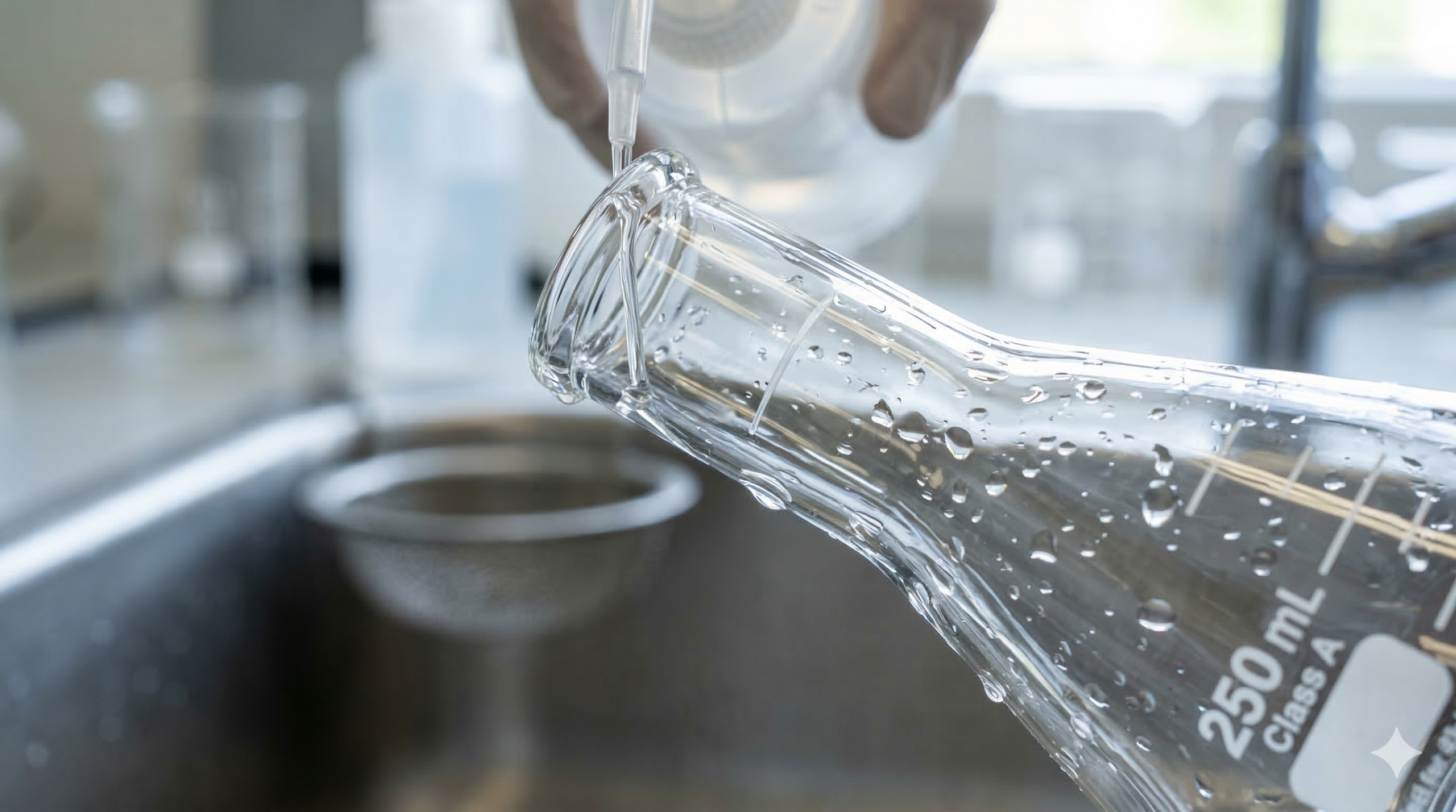 Proper Rinsing for Laboratory Glassware Maintenance Laboratory Glassware Maintenance - Final rinse of a volumetric flask with deionized water for analytical precision