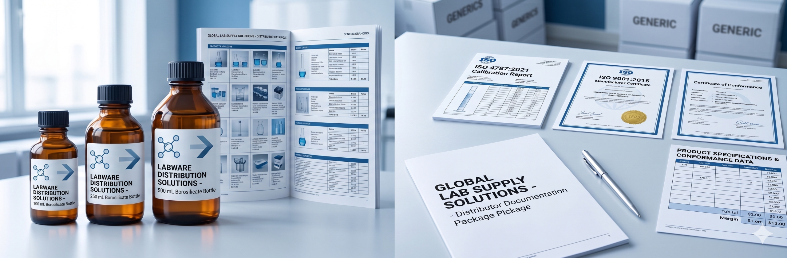 Laboratory Supply Distributor Catalogue OEM and Private Label Options for Market Differentiation laboratory supply distributor catalogue: private label OEM borosilicate laboratory glassware bottles with distributor branding alongside ISO 4787 calibration certificates and manufacturer documentation package on a distribution desk