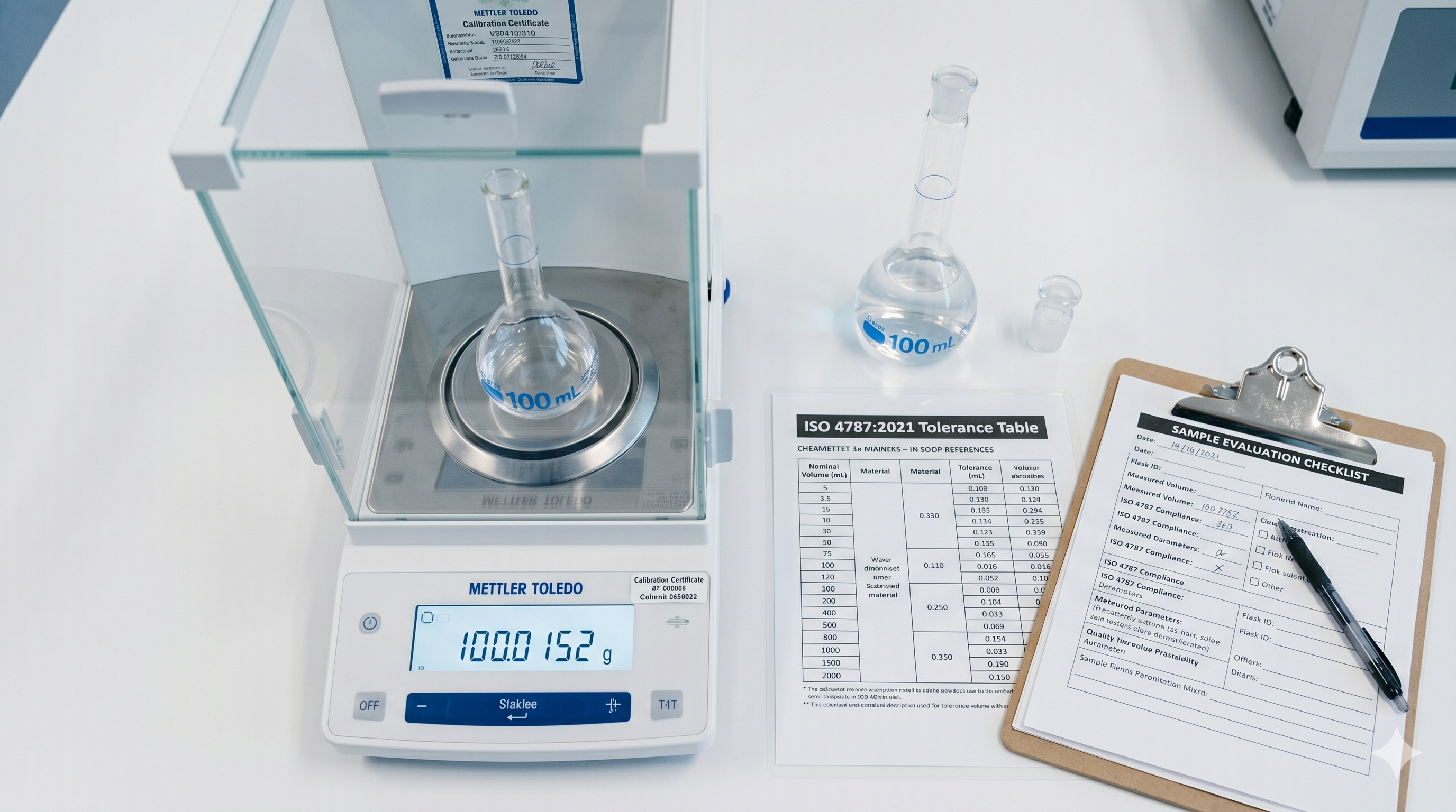 laboratory glassware sample evaluation - quality technician using analytical balance and deionized water to verify dimensional accuracy of borosilicate Class A volumetric flask against ISO 4787 tolerance specification