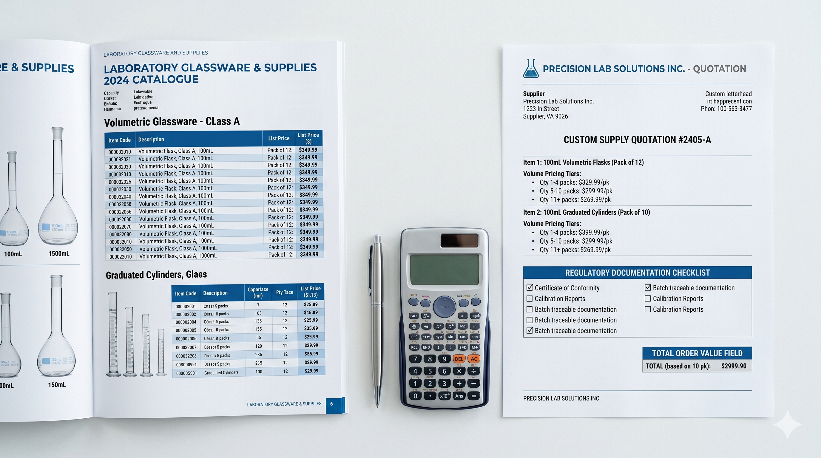 Laboratory Supply Catalogue vs Custom Quotation: Decision Framework for Lab Procurement laboratory supply catalogue vs custom quotation: side-by-side view of a printed catalogue page with standard pricing and a custom quotation document with volume pricing tiers and regulatory documentation checklist on a procurement desk