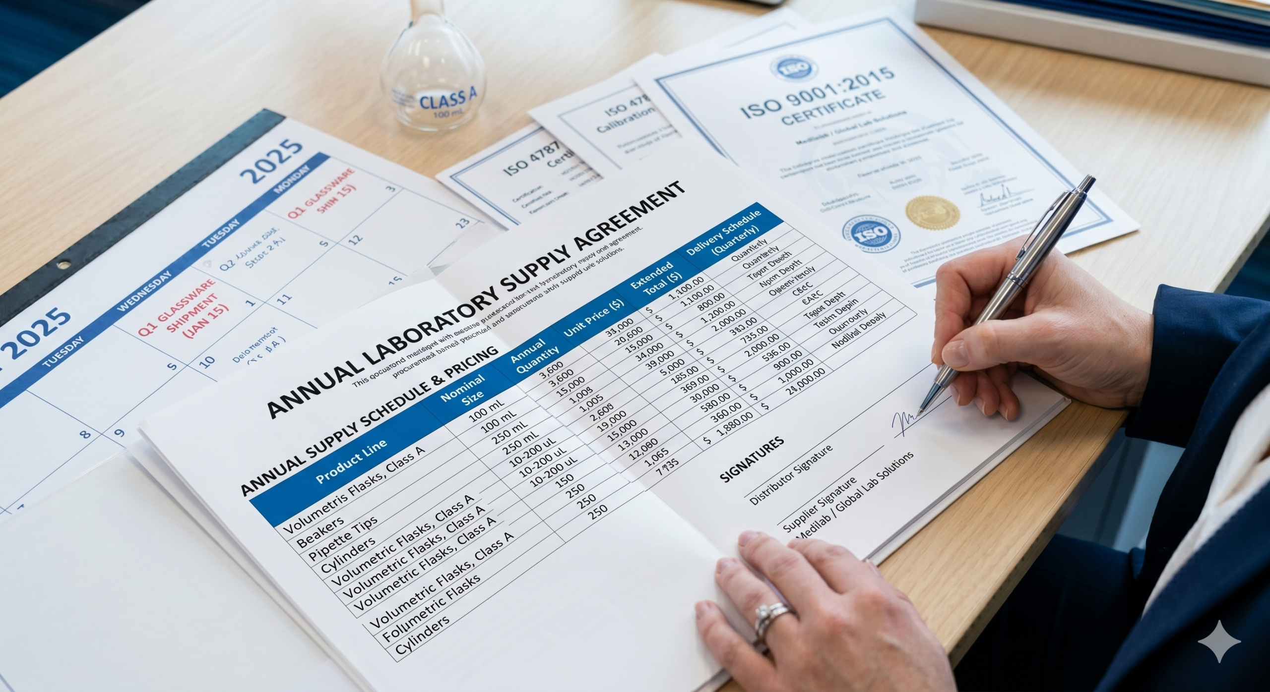 Laboratory Supply Procurement Planning: Annual Supply Agreement Negotiation and Volume Pricing laboratory supply procurement planning: procurement officer signing an annual supply agreement with laboratory glassware supplier documentation including volume pricing schedule, delivery calendar, and ISO certificate package