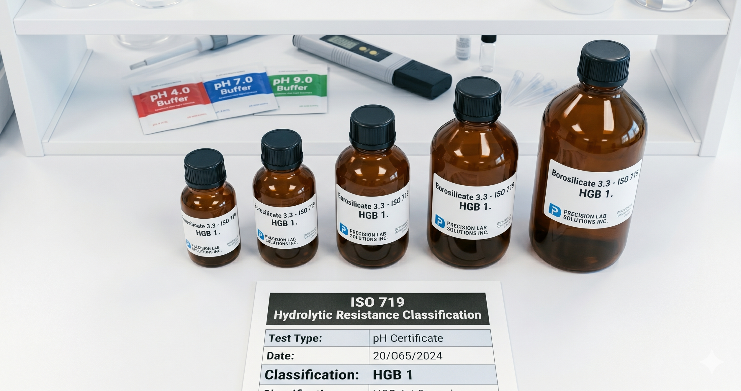 pH Sensitive Laboratory Glassware for Buffer and Reagent Storage: Borosilicate 3.3 HGB 1 Specification pH sensitive laboratory glassware: borosilicate 3.3 reagent bottles and media bottles labeled with ISO 719 HGB 1 hydrolytic resistance certification for buffer storage and pH-critical biochemistry applications