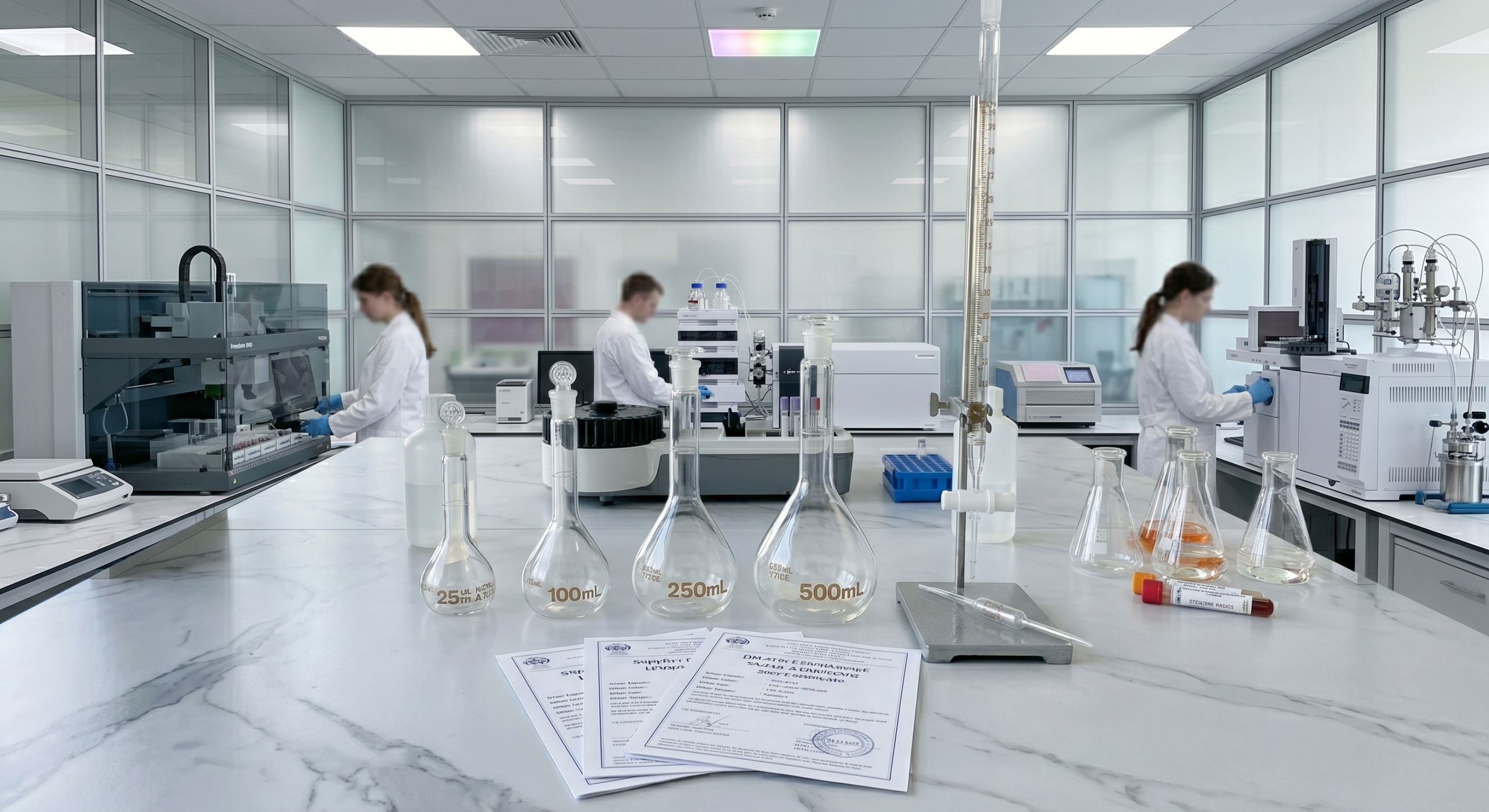 hospital laboratory equipment procurement - borosilicate 3.3 Class A volumetric flasks, amber reagent bottles, and clinical-grade beakers arranged in a hospital biochemistry laboratory reagent preparation area with ISO certification documentation