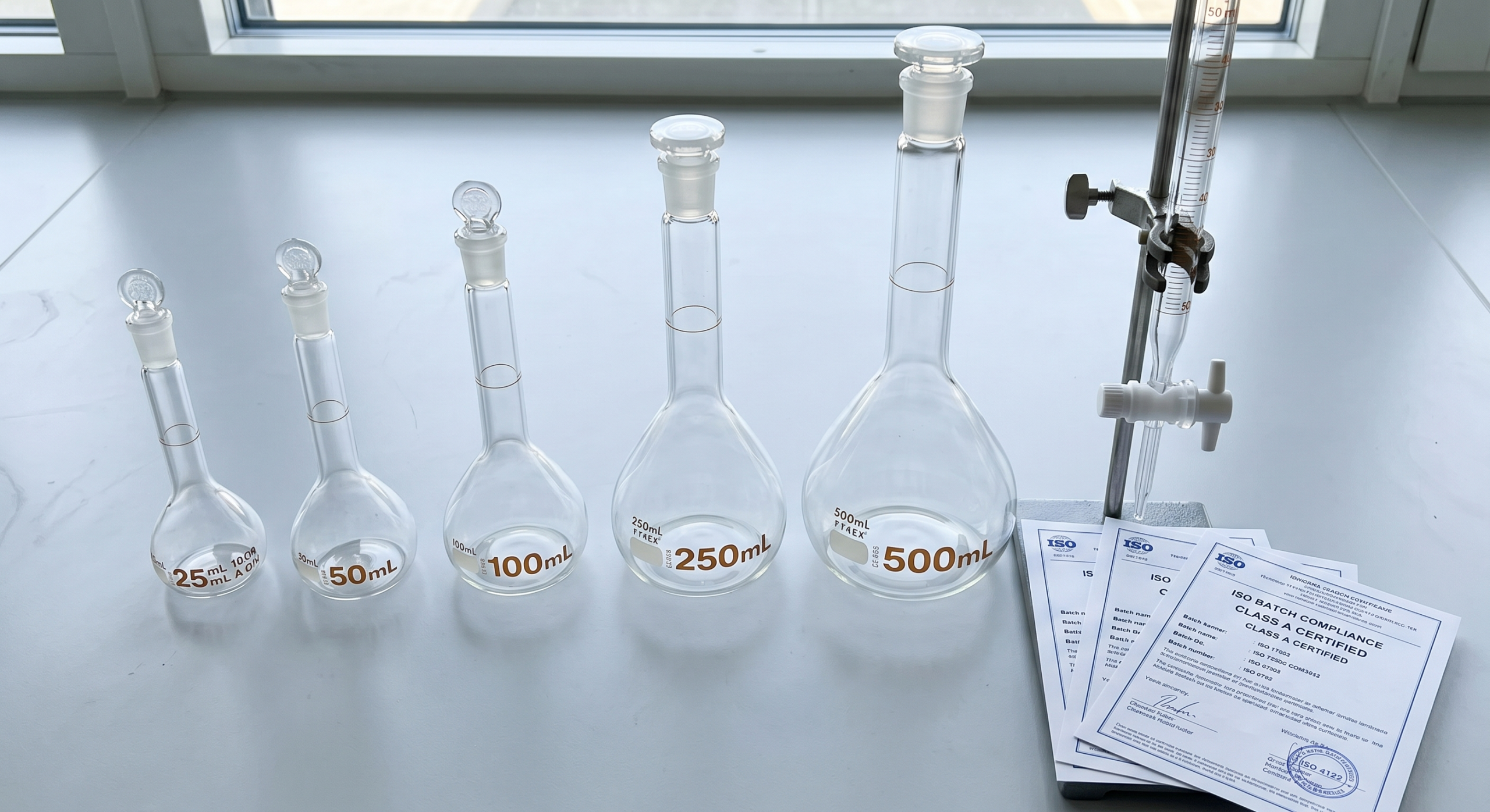 Volumetric Glassware for IB Laboratory Equipment: Class A ISO-Certified Borosilicate IB laboratory equipment - Class A borosilicate volumetric flasks, burettes, and pipettes on school laboratory bench with certification documentation for IB Chemistry and Cambridge A-Level accreditation