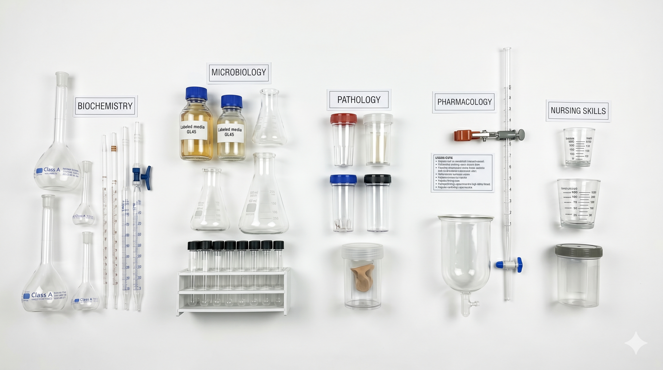 medical college laboratory equipment: organized display of borosilicate laboratory glassware across departments including biochemistry volumetric flasks, microbiology media bottles, pathology staining jars, and pharmacology organ bath vessels