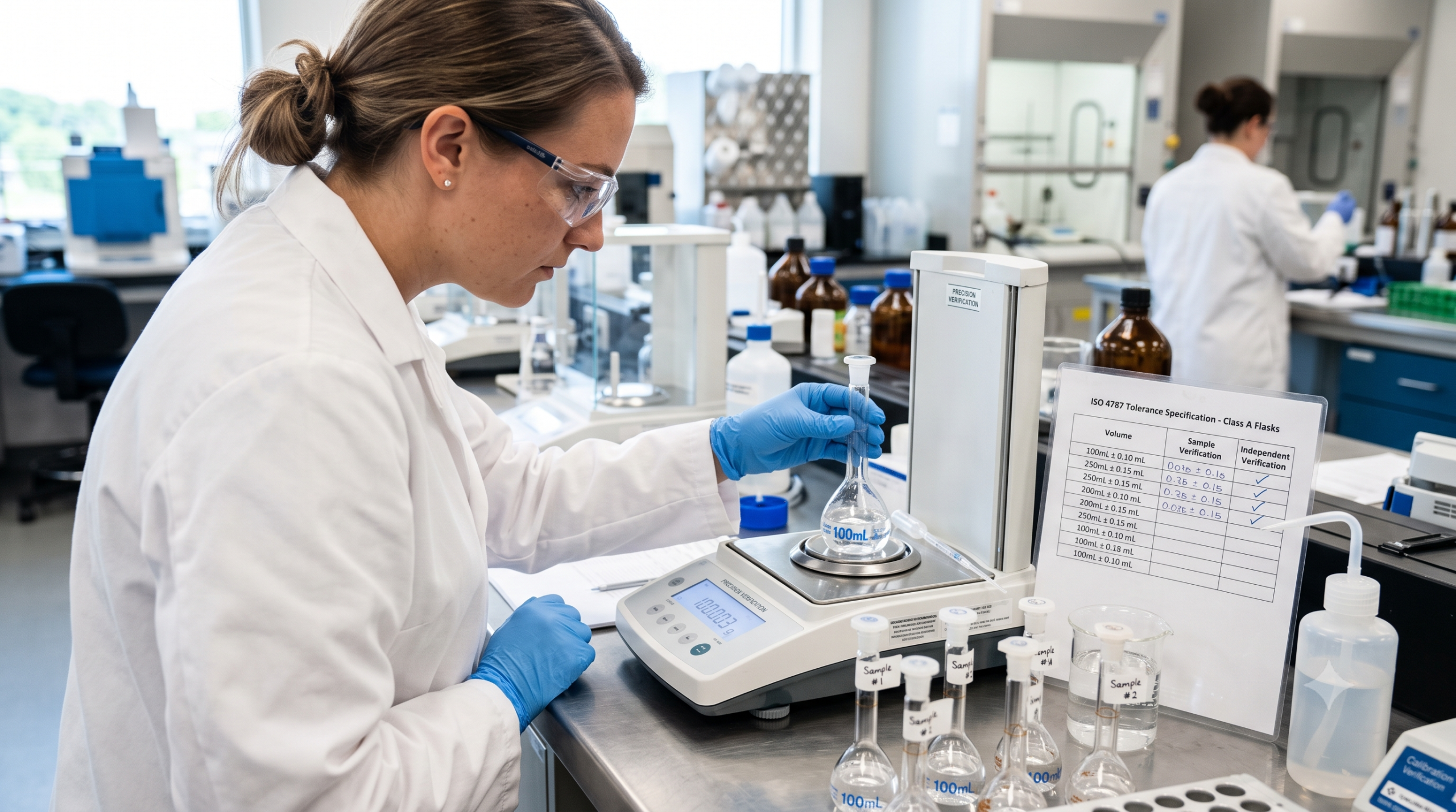 Testing a Sample Order When You Evaluate a Lab Supplier Remotely evaluate lab supplier remotely - laboratory technician testing a sample shipment of volumetric glassware against ISO 4787 tolerance specifications