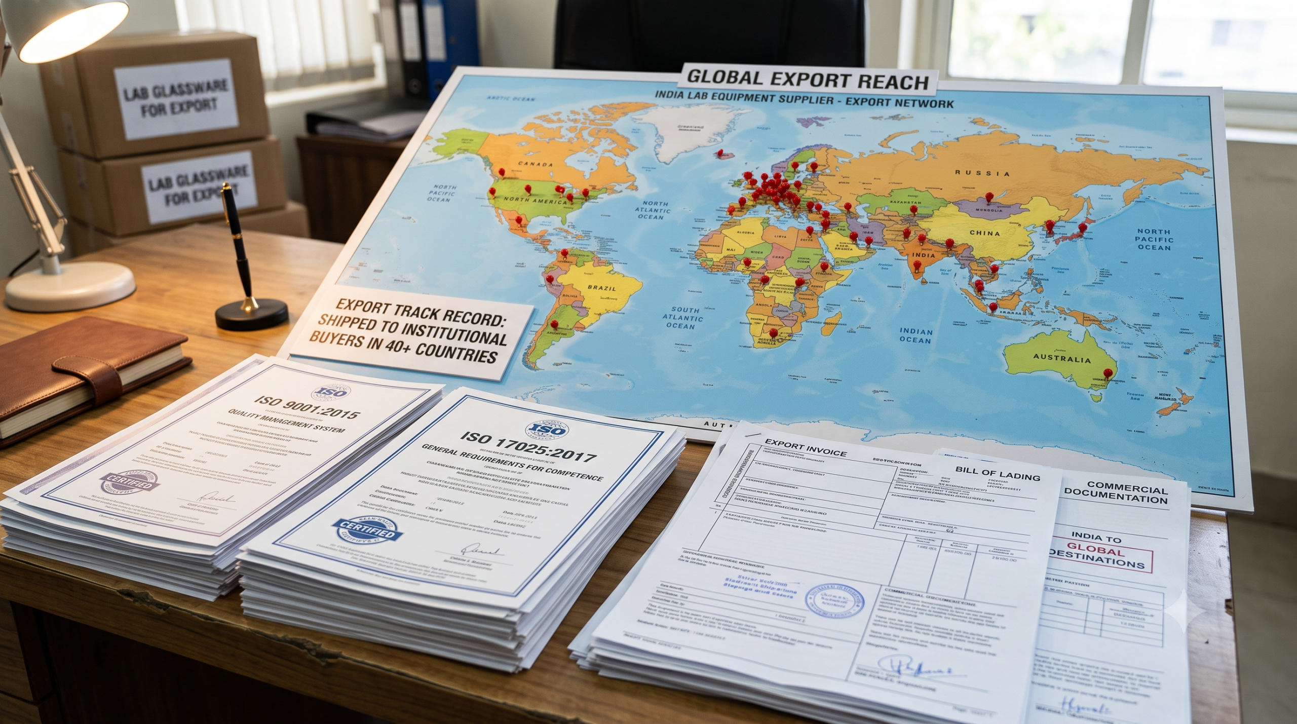 Export Track Record of an India Lab Equipment Supplier India lab equipment supplier - export documentation and ISO 9001 certificates for laboratory glassware shipped to institutional buyers in 40 countries