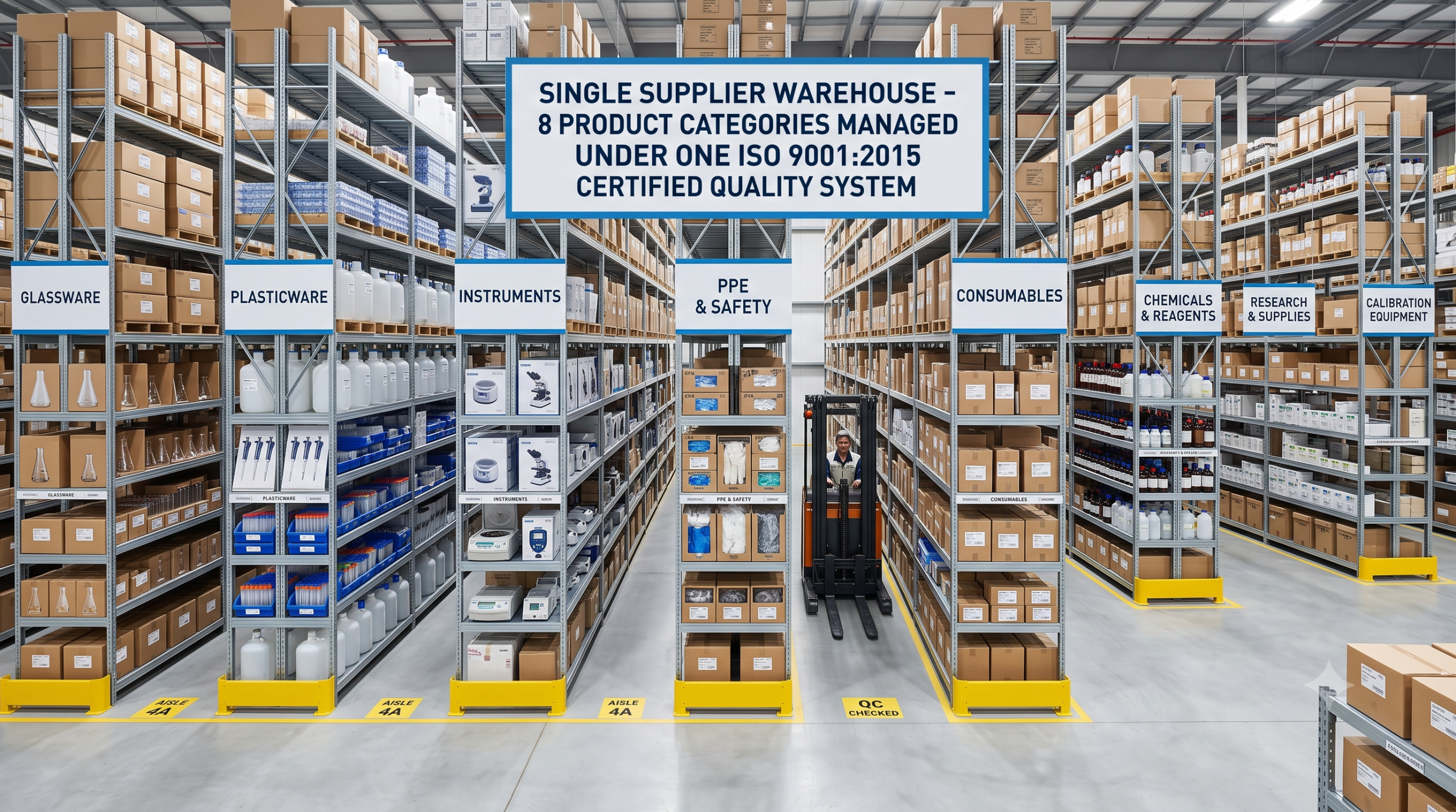 lab supplier consolidation - single supplier warehouse showing glassware, plasticware, instruments, PPE and consumables organized under one ISO certified quality system