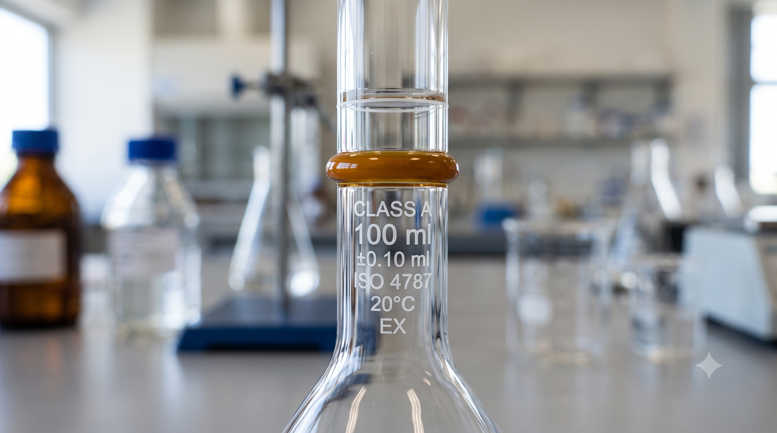 Class A Tolerance and Calibration Marking Explained laboratory glassware glossary - close-up of Class A volumetric flask showing amber ring marking, graduation line, and etched ISO 4787 tolerance specification