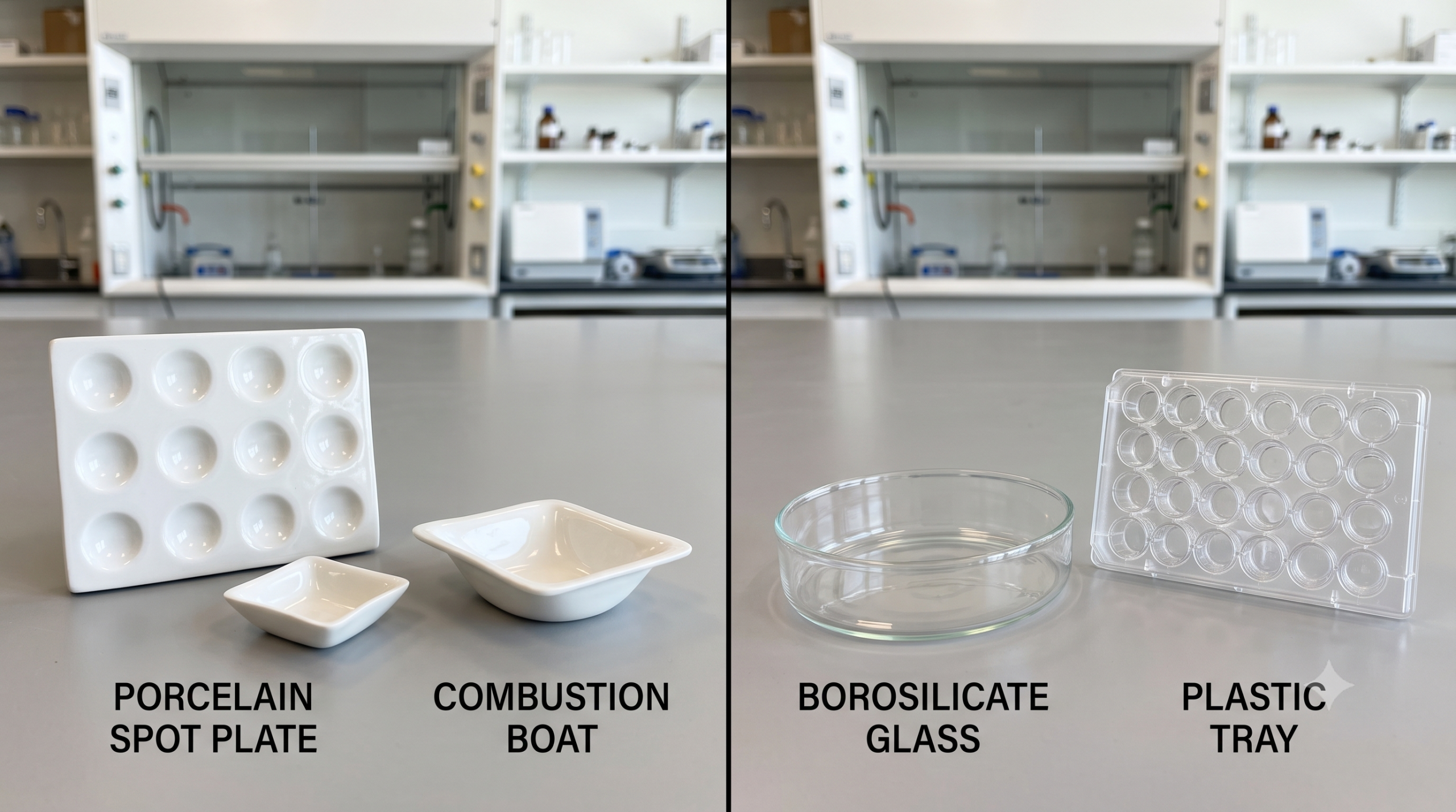 Porcelain Labware Compared to Glass and Plastic Alternatives porcelain labware - white porcelain spot test plate and combustion boats arranged next to borosilicate glass and plastic labware for material comparison