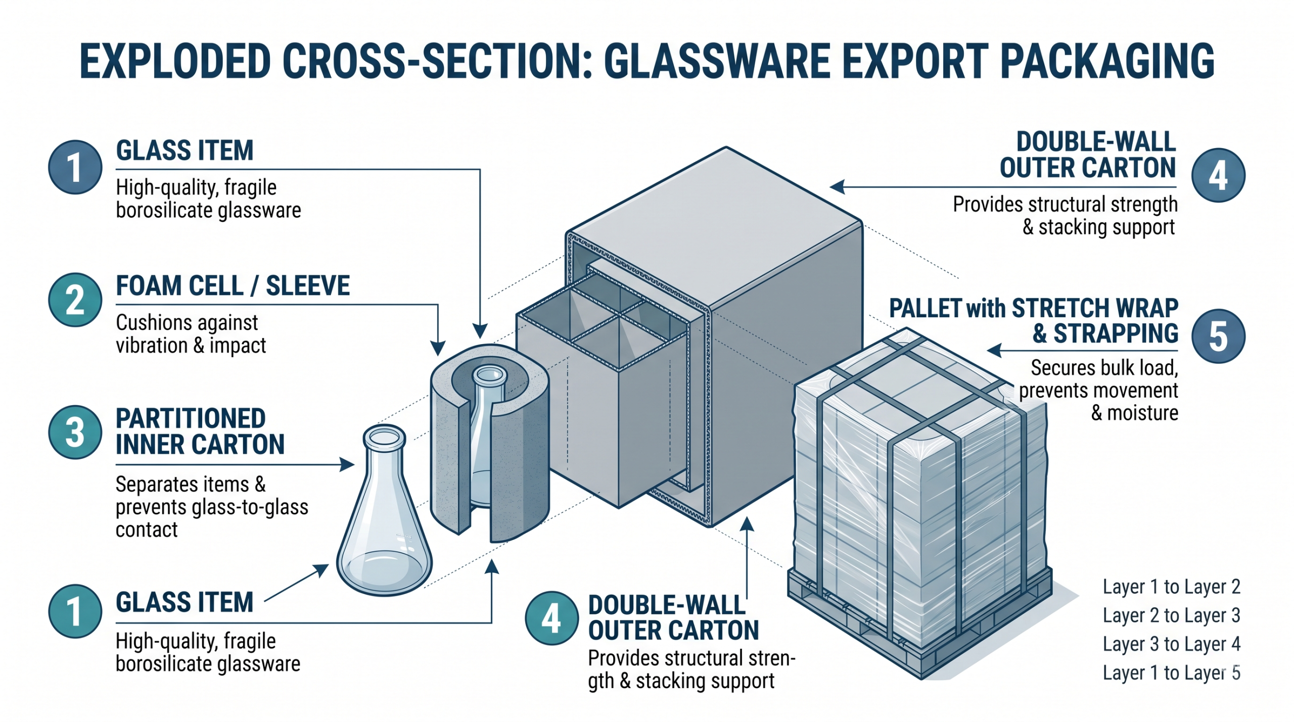 laboratory glassware export packaging layers diagram showing foam cell, partitioned inner carton, double-wall outer carton and strapped pallet