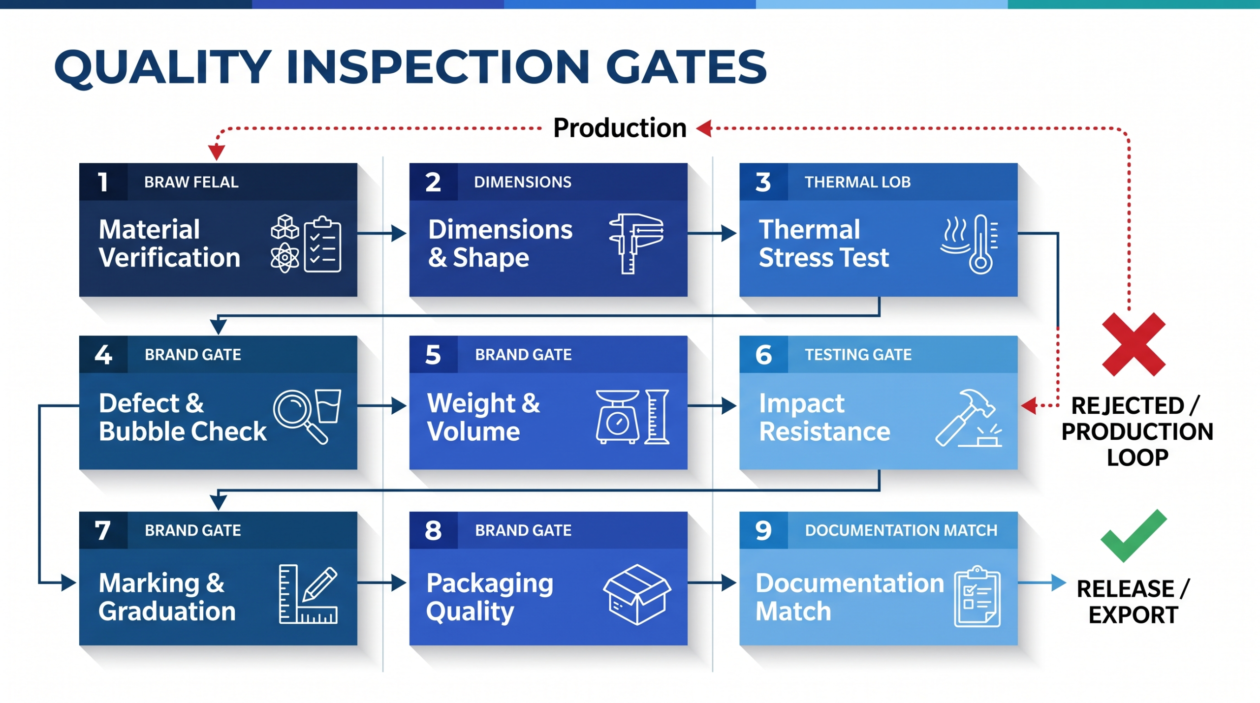laboratory glassware quality checks flow diagram showing nine inspection gates from material verification to documentation match before export release